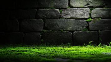serene stone wall covered in moss and grass, illuminated by soft light, creates tranquil atmosphere. interplay of shadows and greenery evokes sense of calm and natures beauty photo
