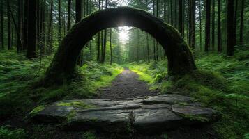 serene forest scene featuring moss covered archway formed by tree, leading to tranquil path surrounded by lush greenery. sunlight filters through trees, creating magical atmosphere photo