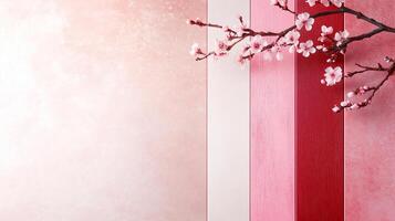 Blossoming cherry branches contrast beautifully against soft pink background, creating serene and tranquil atmosphere. delicate flowers add touch of elegance to vibrant colors photo