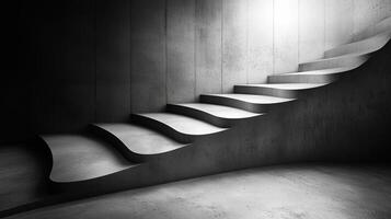 modern, minimalist staircase with smooth, flowing lines leads upward in dimly lit space, creating sense of depth and intrigue. concrete texture adds industrial feel to design photo