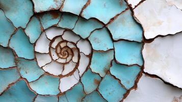 stunning spiral design featuring turquoise and white colors, resembling nautilus shell. intricate patterns and textures evoke sense of calm and creativity photo