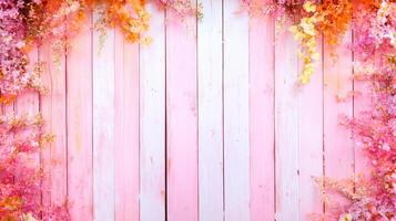 vibrant floral arrangement with pink and orange flowers adorns wooden background, creating cheerful and inviting atmosphere perfect for celebrations or events photo