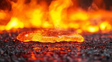 Lava flows create mesmerizing display of heat and light, with molten rock glowing vividly against dark, textured surface. intense orange and red hues evoke sense of power and transformation photo