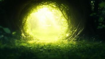 serene and enchanting forest scene featuring luminous, green tunnel formed by trees, inviting viewers into tranquil, sunlit clearing. soft light creates magical atmosphere photo