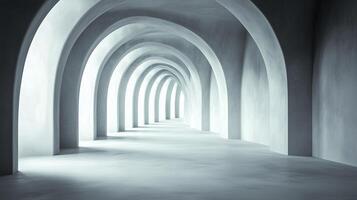 serene and minimalist architectural space featuring series of elegant arches that create sense of depth and tranquility. soft lighting enhances smooth surfaces and clean lines, inviting exploration photo