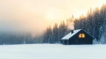 cozy cabin nestled in snowy landscape, surrounded by tall evergreen trees. warm glow from window contrasts beautifully with cold, serene atmosphere of winter photo