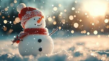 cheerful snowman wearing red scarf and hat stands in snowy landscape, surrounded by falling snowflakes and warm, glowing background. scene captures joy of winter photo