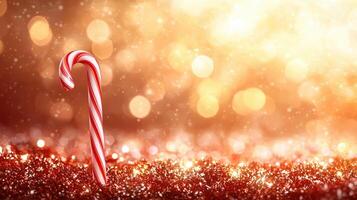 festive candy cane stands out against shimmering golden background, evoking warmth and joy of holiday season. sparkling lights create magical atmosphere photo