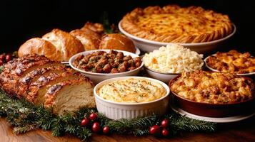 Delicious holiday feast featuring variety of dishes including roasted meat, stuffing, rice, and baked goods, all beautifully arranged for festive celebration photo