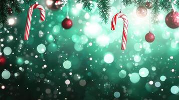 Festive decorations featuring candy canes and red ornaments create joyful holiday atmosphere. sparkling bokeh background enhances cheerful spirit of season photo