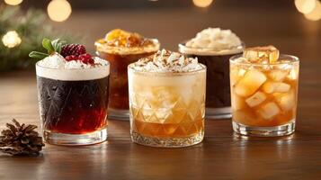Delight in festive display of five assorted cocktails, each beautifully garnished and served in elegant glassware. rich colors and textures create warm, inviting atmosphere perfect for celebrations photo
