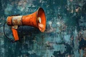 Orange Vintage Megaphone on a Worn Turquoise Wall photo