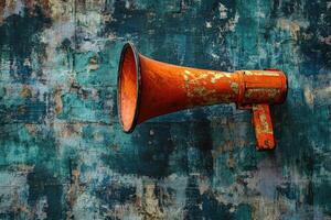 Rusty Orange Megaphone Against a Weathered Teal Wall photo