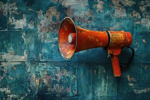 Rusty Orange Megaphone on Teal Weathered Wall photo