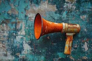 Rusty Orange Megaphone Against Weathered Teal Wall photo