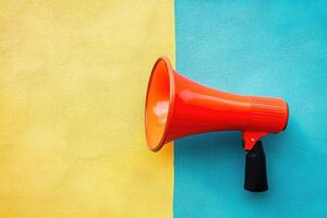 Red Megaphone on a Yellow and Blue Wall photo