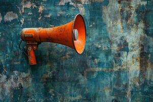 Orange Vintage Megaphone Against a Teal Distressed Wall photo