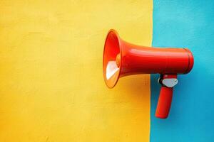 Red Megaphone Against a Yellow and Blue Wall photo