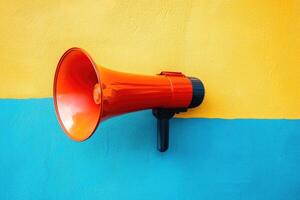 A red megaphone mounted on a yellow and blue wall photo