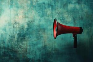 Red Megaphone Against a Teal Textured Background photo