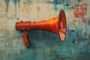 An orange megaphone mounted on a textured wall. photo
