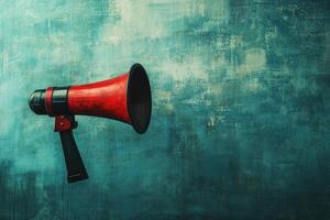 Red and Black Megaphone Against a Teal Wall photo