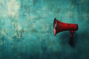 Red Megaphone on a Teal Textured Background photo