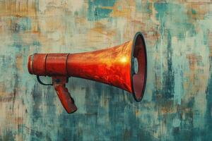 Vintage Red Megaphone Against a Teal and Brown Textured Wall photo