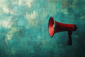 Red Megaphone Against a Teal Textured Wall photo