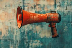 Rusty Red Megaphone Against Distressed Teal Background photo