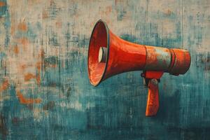 Vintage Red Megaphone on Weathered Blue and Orange Wall photo