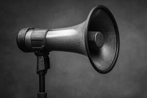 Black megaphone on a stand against a grey background photo