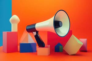 White Megaphone with Geometric Shapes on an Orange Background photo