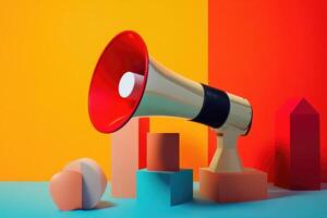 A Red and White Megaphone Surrounded by Geometric Shapes photo