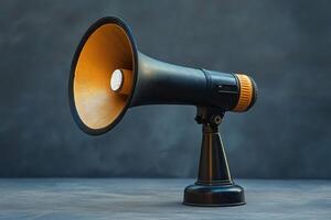 A Black and Yellow Vintage Megaphone with a Stand on a Grey Surface photo