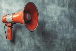 Vintage Red Megaphone Against a Textured Gray Background photo