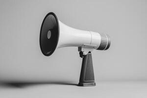White Megaphone with Black Handle and Speaker on Gray Background photo