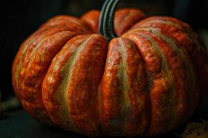 Close-up of a Ripe Orange and Green Striped Pumpkin photo