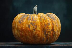 A Single, Ripe Pumpkin with a Distinctive Pattern photo