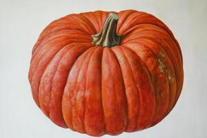 A Single Ripe Orange Pumpkin with a Brown Stem on a White Background photo