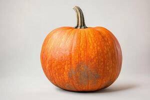 A Single Orange Pumpkin with a Green Stem on a White Background photo