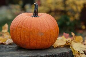 A Ripe Orange Pumpkin Resting on a Tree Stump photo