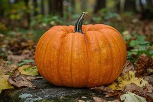 A Single Orange Pumpkin Resting on a Mossy Rock Among Autumn Leaves photo