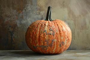 A Single Speckled Pumpkin Against a Textured Background photo