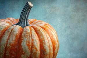 Close-up of a Striped Orange Pumpkin with a Green Stem photo