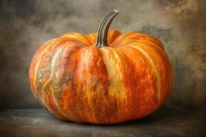 A Single Striped Pumpkin on a Dark Rustic Surface photo