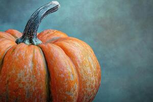 Close-up of a Ripe Orange Pumpkin with Green Stem photo