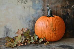 A Single Pumpkin with Autumn Leaves on a Weathered Wooden Background photo