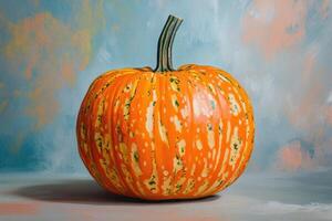 A Single Orange Pumpkin with Green and White Markings on a Blue and Beige Background photo