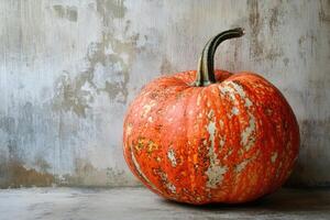 A Single Orange and White Pumpkin Against a Weathered Wall photo
